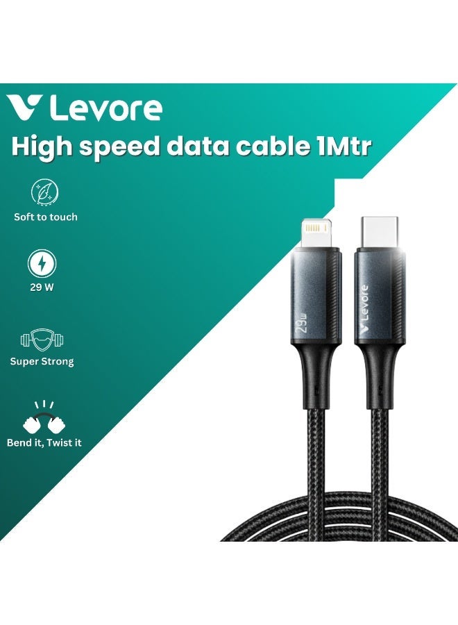 ليفور كابل LEVORE بطول 1 متر، مضفر من النايلون، بقدرة 29 واط، من نوع USB-C إلى Lightning، رقم الموديل LC8413-BL - Image 3